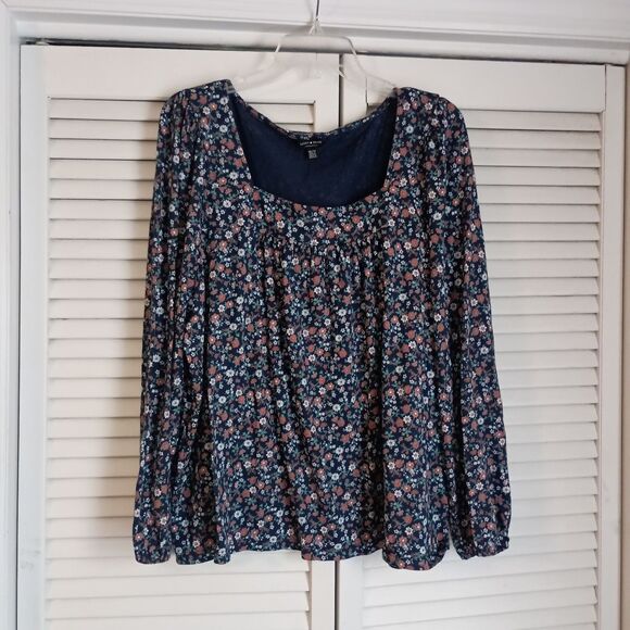 Lucky Brand Blouse Size XXL Blue Floral Square Neck Boho Flowy Long Sleeve - Picture 1 of 6